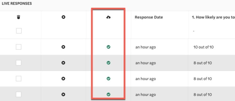 Live responses data table, showing the Salesforce Status column with a green checkmark for synced responses and the Response date in text