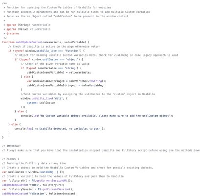 Image of example code that gathers session data from Fullstory adds to javascript object and pushes that object to GetFeedback