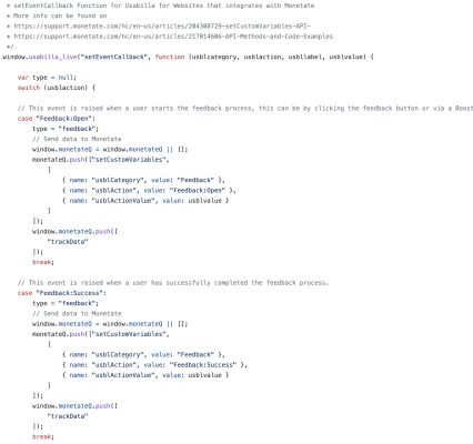 Image of code that will push GetFeedback for websites data to Monetate.