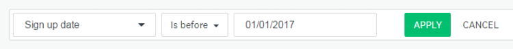 An image of a custom filter. The condition is Sign up date, the Value parameter is Is Before, and the Value/target equals 01/01/2017.