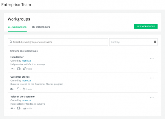 用於顯示使用者工作群組清單、其中有多少成員、有多少調查問卷,以及工作群組是公開或私人的影像。還有一個搜尋欄、兩個標籤(所有工作群組、我的工作群組) 和一個用於建立新工作群組的按鈕。