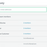 此影像顯示如何分享調查問卷。有一個方塊可讓您輸入團隊成員或地址,以及下面的使用者和工作群組清單。