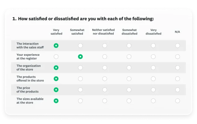 A matrix question about customer satisfaction with various store factors, including sales staff, register experience, and product price/sizes, with an N/A option.