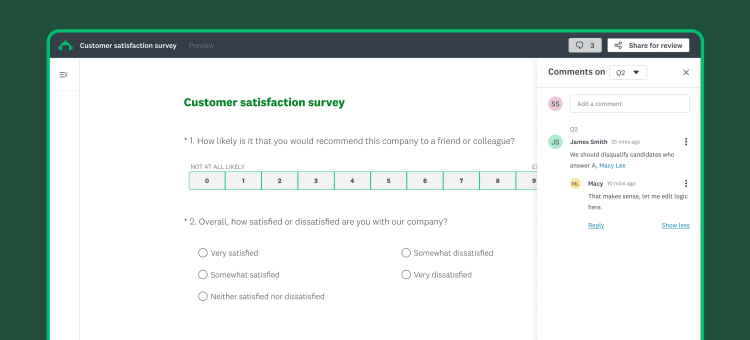 View of SurveyMonkey survey reviews with multiple collaborators.