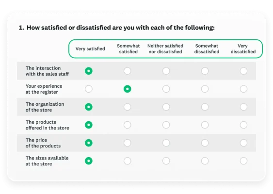 A matrix question about customer satisfaction with various store factors, including sales staff, register experience, and product price/sizes.