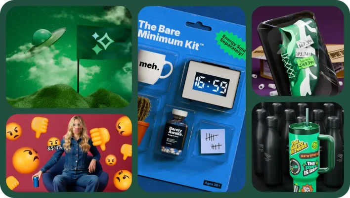 Various images, including an alien spaceship in the sky, frowning and angry emojis, a bare minimum kit, a Stanley cup with sticks, and a running shoe with multiple price tags