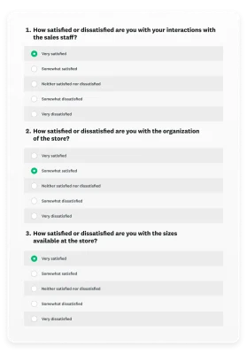 A series of individual multiple-choice questions on customer satisfaction with sales staff, store organization, and available sizes (the non-matrix alternative).
