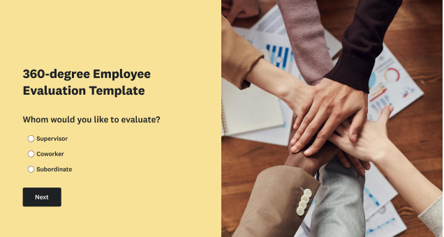 A 360-degree Employee Evaluation Template with a multiple-choice question on whom to evaluate.