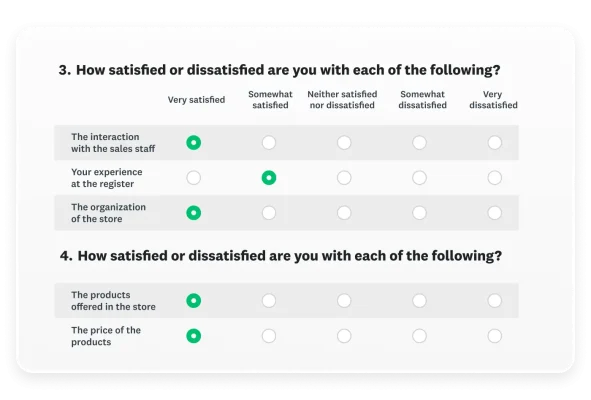 Two sequential matrix questions about customer satisfaction with store factors, demonstrating how a long matrix can be split into smaller, separate questions.