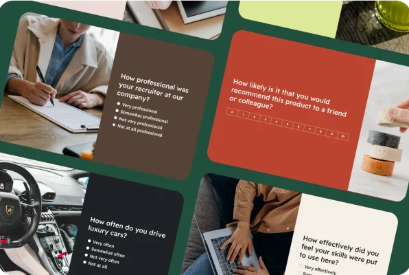 A collage of various survey templates. One shows a person writing, another has a question about a recruiter, a third asks about recommending a product, a fourth asks about driving luxury cars, and a fifth asks about skills.