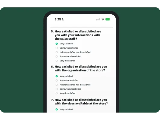 A mobile view showing a series of individual multiple-choice questions on satisfaction with sales staff, store organization, and available sizes (the non-matrix alternative).