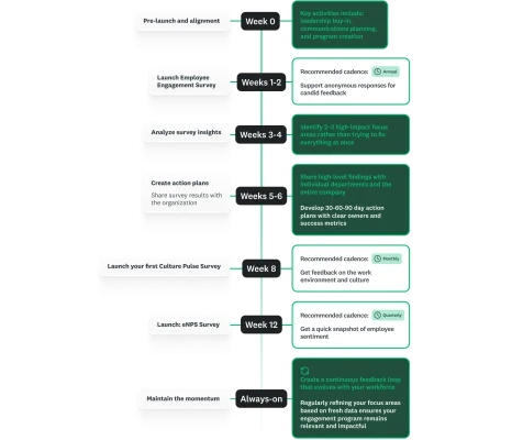 Infographic of a 90 day roadmap, showing steps for each week for sending out surveys, analyzing, and next steps