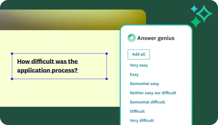 A survey builder interface with the question "How difficult was the application process?" On the right, an "Answer genius" panel suggests a multi-point scale ranging from "Very easy" to "Very difficult."