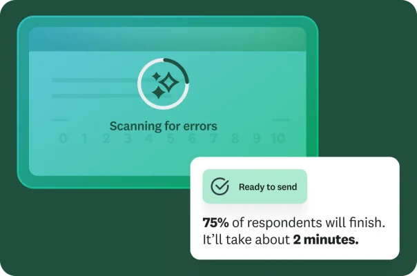A graphic showing a survey being "Scanning for errors." A pop-up confirms, "Ready to send," and estimates that "75% of respondents will finish" in "about 2 minutes."