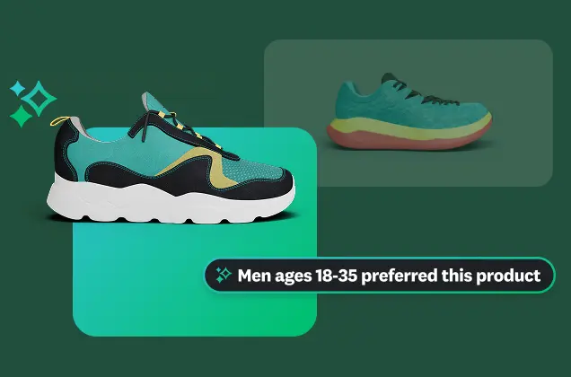 A graphic showcasing two views of a pair of running shoes. A text box states, "Men ages 18-35 preferred this product," highlighting a specific demographic insight.