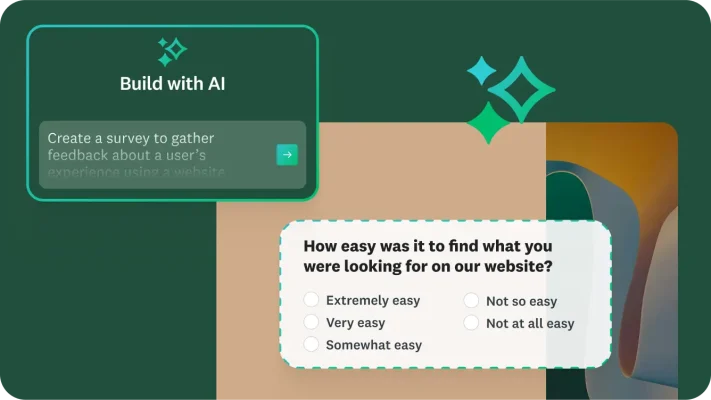 An image of a survey creation tool titled "Build with AI." An example prompt is visible: "Create a survey to gather feedback about a user's experience using a website." A sample question from the survey asks, "How easy was it to find what you were looking for on our website?"