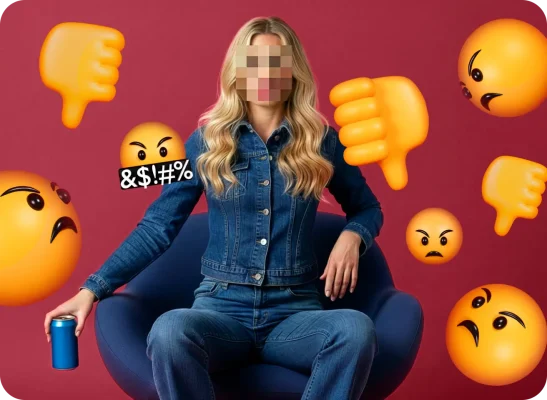 A blonde woman surrounded by unhappy emojis and thumbs down emojis
