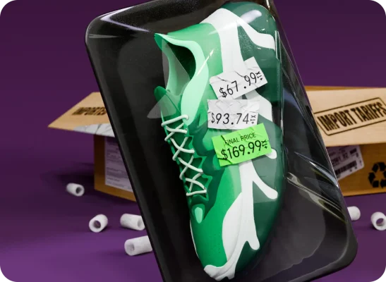 A sneaker with multiple price tag stickers attached, representing tariff price increases