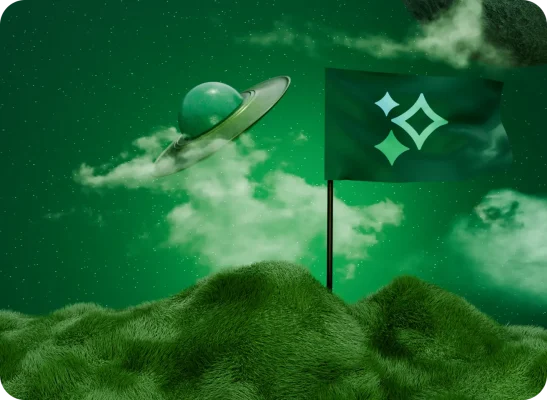 An otherworldly green landscape with a flag and an AI sparkle symbol