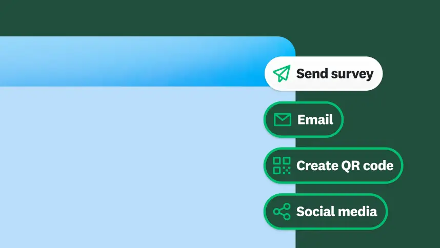 A menu displaying options to send a survey via Email, Create QR code, or Social media.