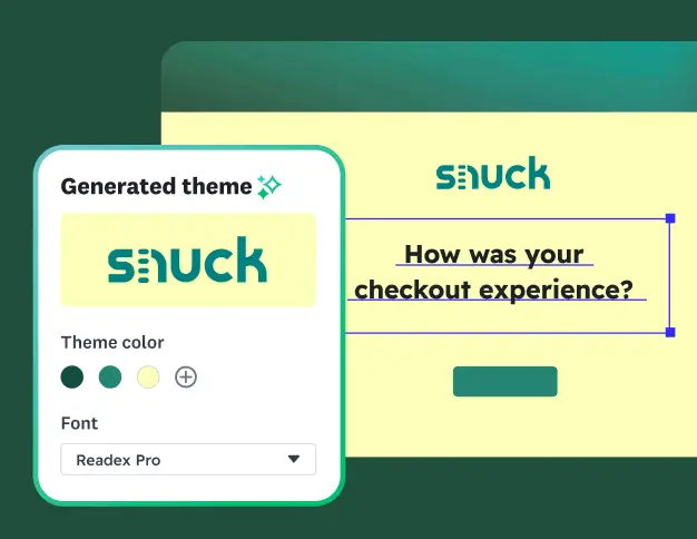 A survey creation screen showing an automatically Generated theme based on the snuck logo, with options to select theme color and font.