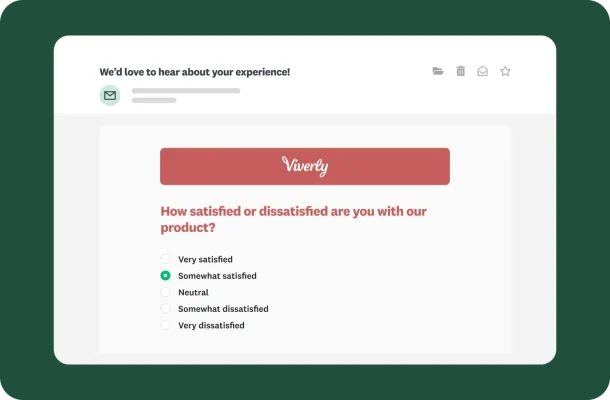 An email with a customer satisfaction survey from "Viverly." The survey question asks, "How satisfied or dissatisfied are you with our product?" with a five-point scale.