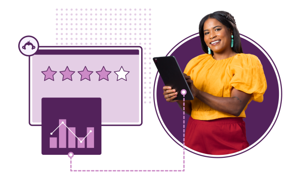 manager smiling with tablet and two graphs