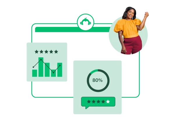 woman smiling next to graphs