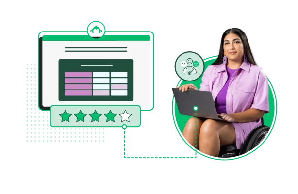 femme en fauteuil roulant avec un ordinateur portable ouvert regardant des graphiques