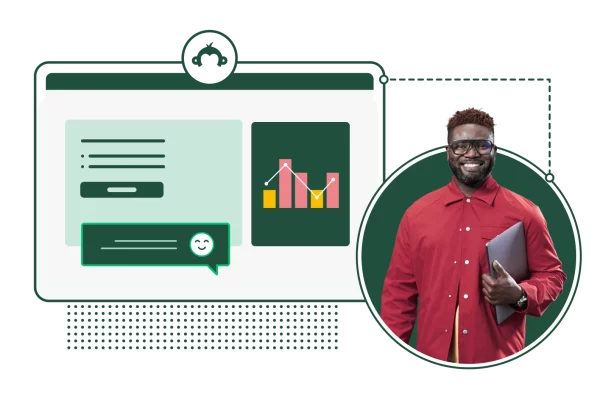 man smiling with tablet standing next to graphs