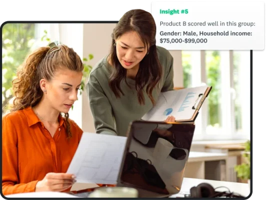 Two women holding pieces of paper and analyzing market research results. A SurveyMonkey insight reads "Product B scored well in this group: Gender: Male, Household income: $75,000-$99,000"
