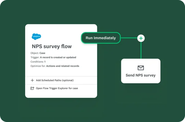 Screenshot of automation options in SurveyMonkey, where a trigger is set for sending an NPS survey