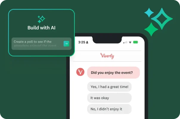 A screenshot of a mobile phone showing an event poll with the question, "Did you enjoy the event?" and three possible answers. An AI tool is shown to "Create a poll to see if the attendees enjoyed the event."