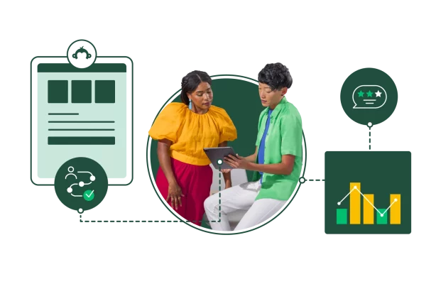 Two colleagues looking at a tablet, surrounded by images of a rating of two stars out of three, a bar chart and a tablet screen; at the top of the tablet screen, there is the SurveyMonkey logo and, at the bottom of it, there is an icon of a person connected to a tick by means a wavy line with three dots evenly spaced along it.