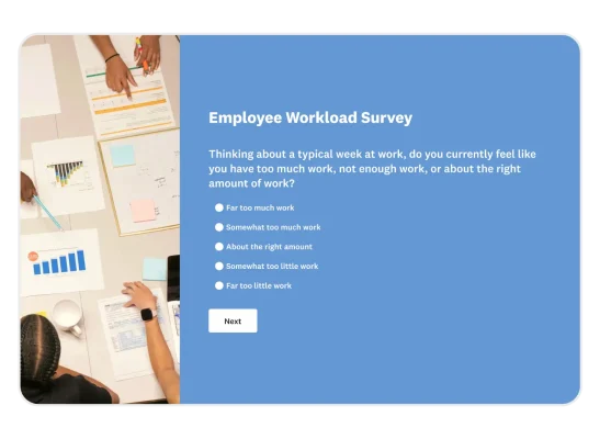 Employee workload survey box asking, "Thinking about a typical week at work, do you currently feel like you have too much work, not enough work, or about the right amount of work?"