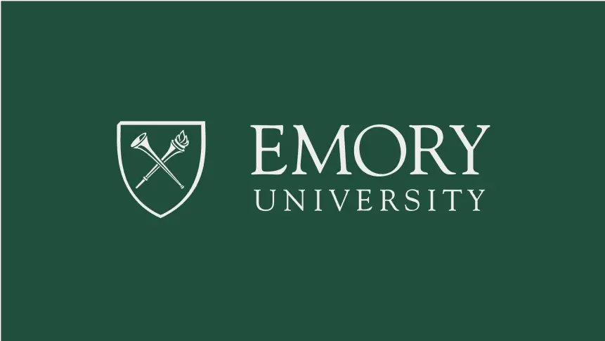 The official logo for Emory University, with a crest on the left and the university name in white text on a dark green background.