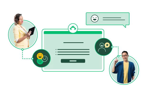 En mann og en kvinne som gestikulerer mot en spørreundersøkelsesboks