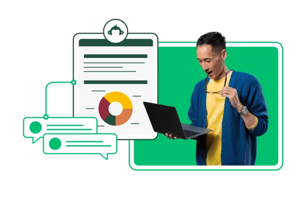 Uomo che guarda un laptop, accanto a lui una sezione di un sondaggio e due fumetti di conversazione