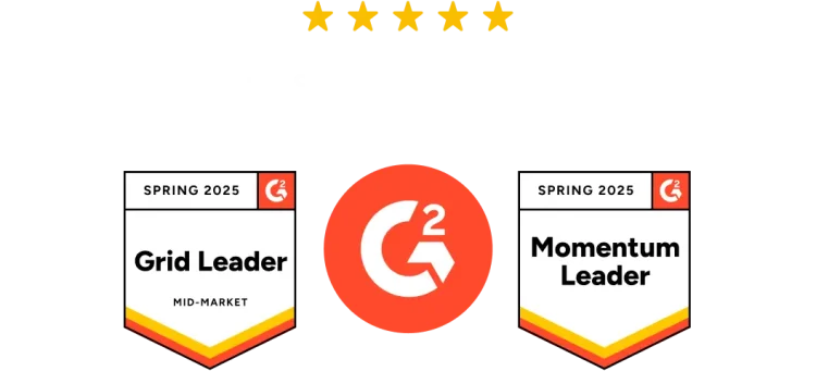 A G2 review graphic with five stars and two award badges, "Grid Leader" and "Momentum Leader," both for Spring 2025.