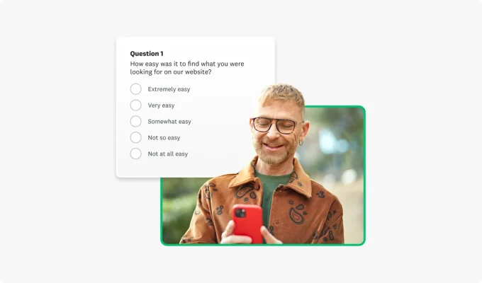 Smiling person typing on phone, next to survey question asking how easy was it to find what you were looking for on a website