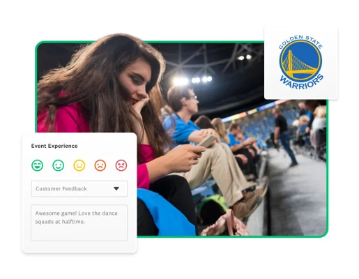 Woman at a sports event looking at cell phone, with an event feedback floating in foreground