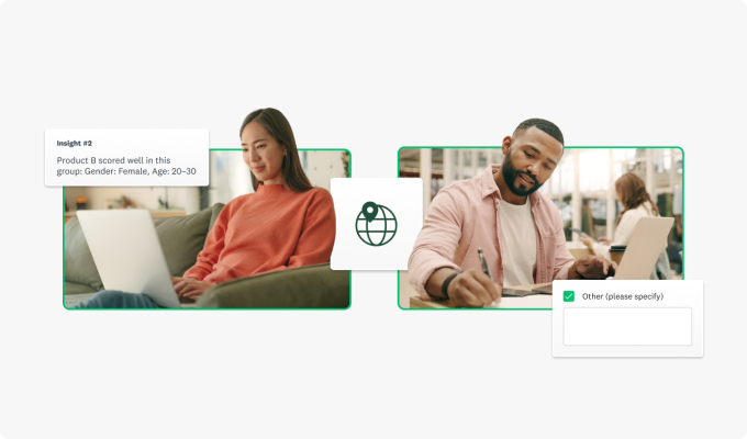 Separate images of a woman and a man working on laptops with an example of a key insight from a survey analysis report to the left of the woman and an "Other (please specify)" text box to the right of the man. There is a globe icon with a location pin between the two images.