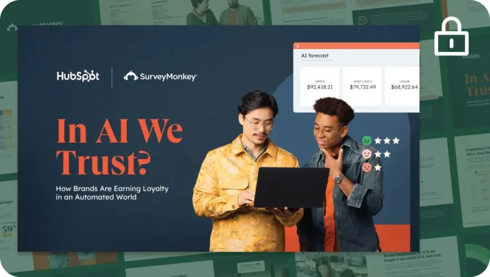 A presentation slide with the title "In AI We Trust? How Brands Are Earning Loyalty in an Automated World." The slide features a photo of two men looking at a laptop, with a graphic showing an AI forecast and customer sentiment ratings.
