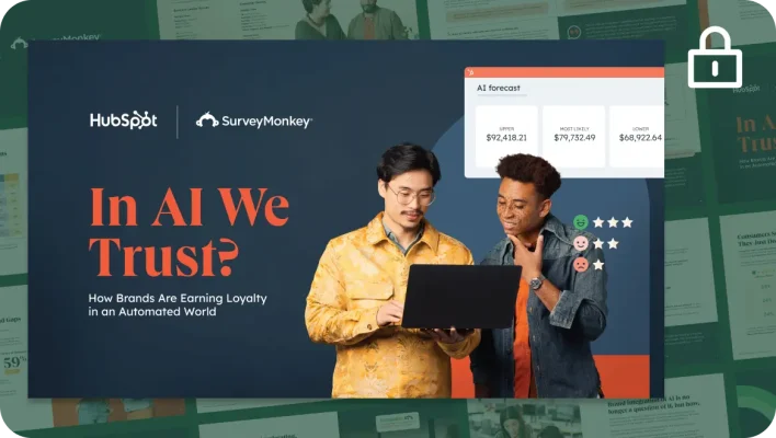 Two men looking at a laptop with the HubSpot and SurveyMonkey logos and the title "In AI We Trust?" with a data forecast overlay.