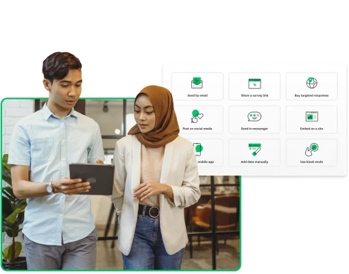 Two employees reviewing survey options on a tablet, next to a screenshot of ways to send a survey