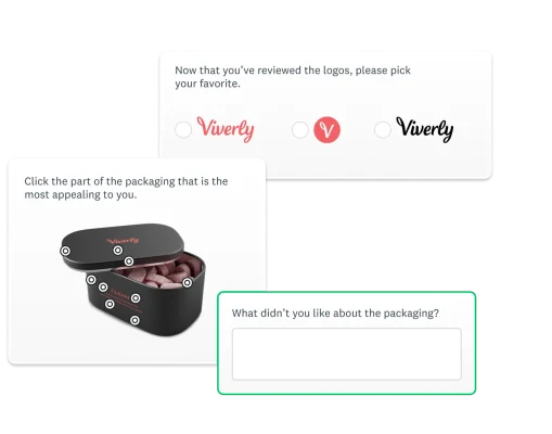 Three survey questions: a multiple choice question asking about your favorite logo, a clickable question asking about the part of the packaging that is most appealing, and a text box question asking what you don't like about the packaging