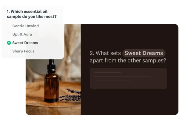 A survey demonstrating skip logic, where selecting the "Sweet Dreams" essential oil sample leads to a follow-up question referencing "Sweet Dreams."