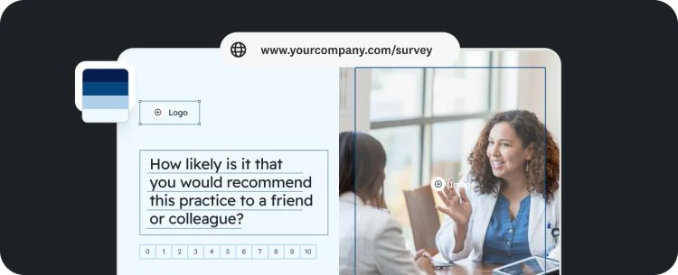 A survey form with the question, "How likely is it that you would recommend this practice to a friend or colleague?" is overlaid on a photo of a doctor talking to a patient.