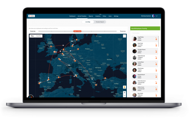 Mapa de viajantes em tempo real (Europa, Oriente Médio e África)