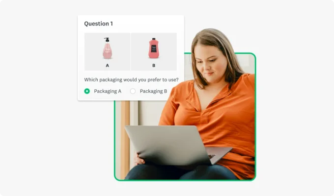 Woman typing on laptop, next to survey question asking which packaging type is preferred